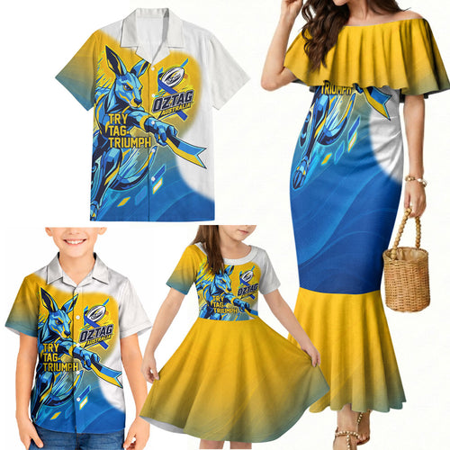 Personalised Australian Oztag Kangaroo Mascot Family Matching Mermaid Dress and Hawaiian Shirt Try Tag Triumph Australia Abstract Geometric