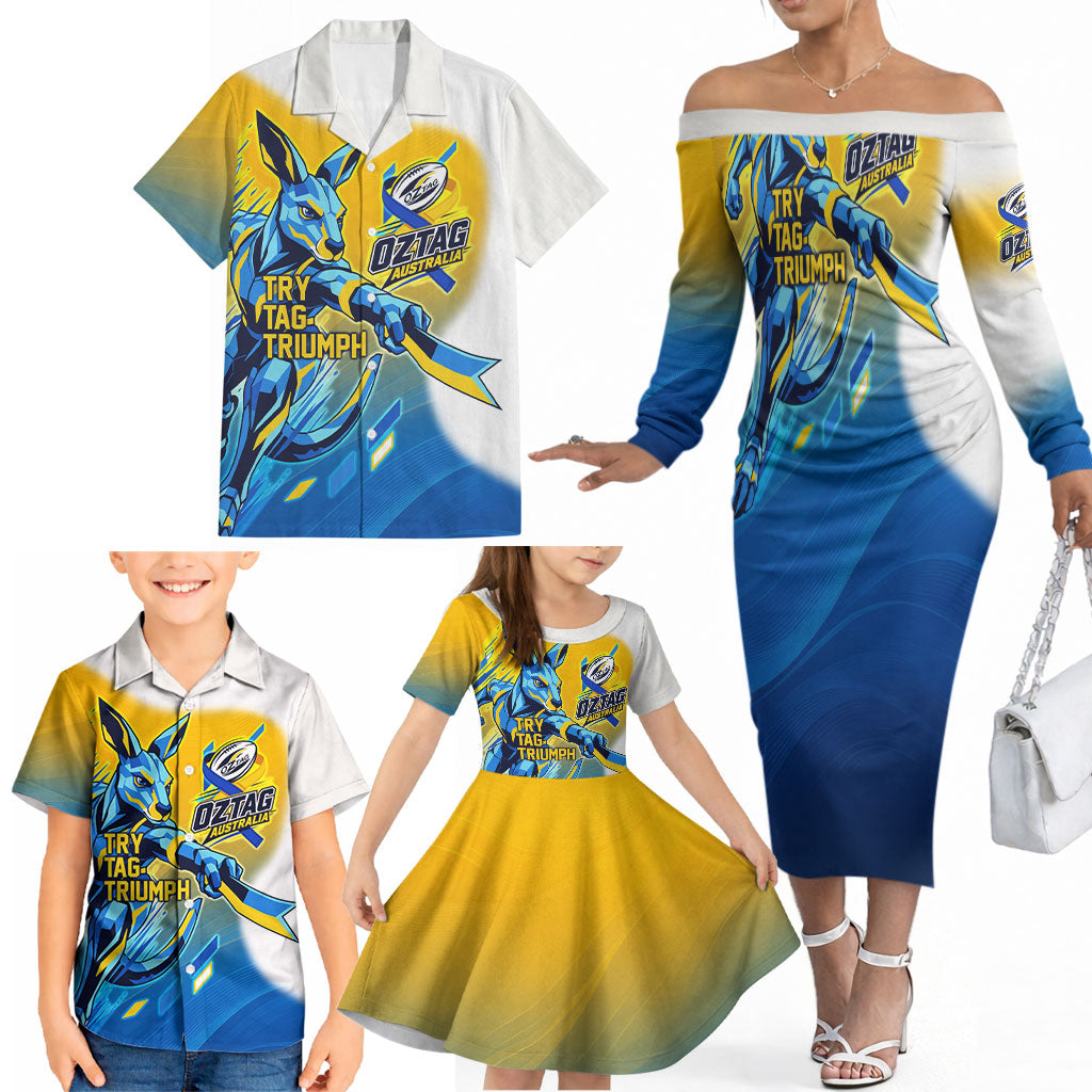 Personalised Australian Oztag Kangaroo Mascot Family Matching Off The Shoulder Long Sleeve Dress and Hawaiian Shirt Try Tag Triumph Australia Abstract Geometric