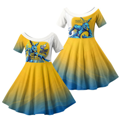 Personalised Australian Oztag Kangaroo Mascot Family Matching Off The Shoulder Long Sleeve Dress and Hawaiian Shirt Try Tag Triumph Australia Abstract Geometric