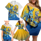 Personalised Australian Oztag Kangaroo Mascot Family Matching Off Shoulder Short Dress and Hawaiian Shirt Try Tag Triumph Australia Abstract Geometric
