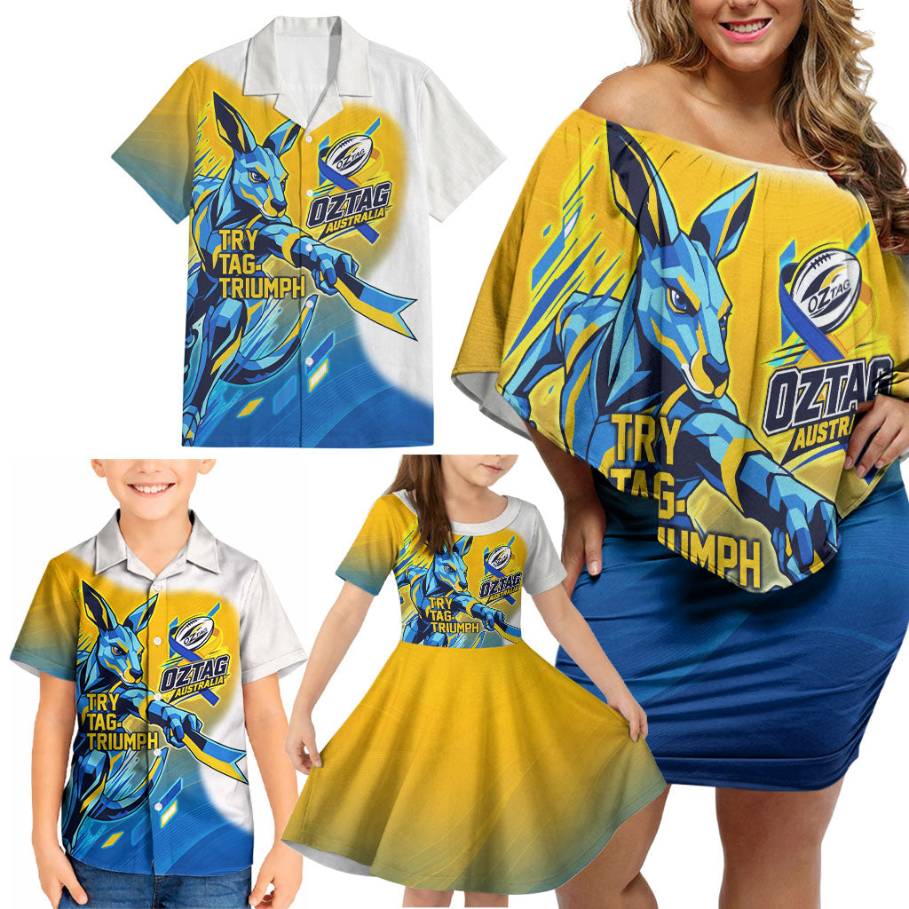 Personalised Australian Oztag Kangaroo Mascot Family Matching Off Shoulder Short Dress and Hawaiian Shirt Try Tag Triumph Australia Abstract Geometric