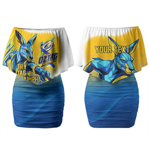 Personalised Australian Oztag Kangaroo Mascot Family Matching Off Shoulder Short Dress and Hawaiian Shirt Try Tag Triumph Australia Abstract Geometric