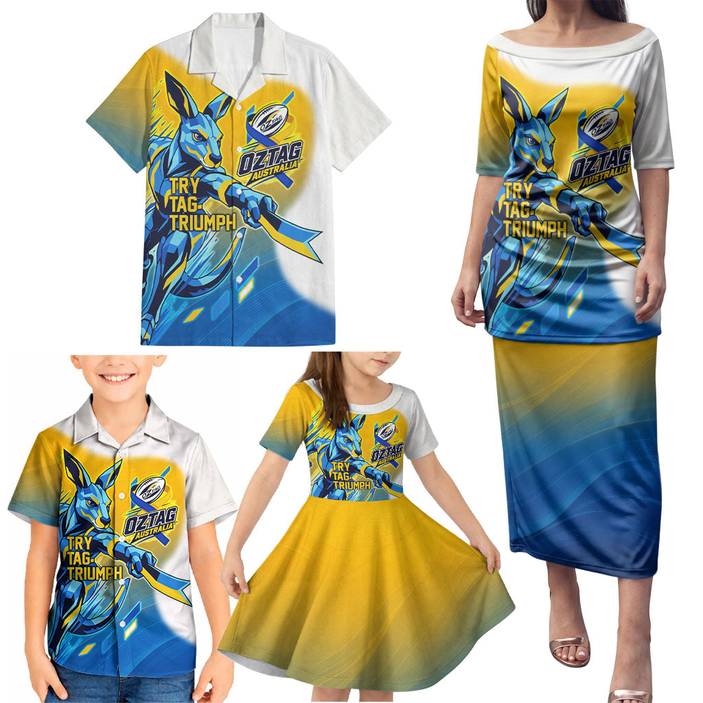 Personalised Australian Oztag Kangaroo Mascot Family Matching Puletasi and Hawaiian Shirt Try Tag Triumph Australia Abstract Geometric