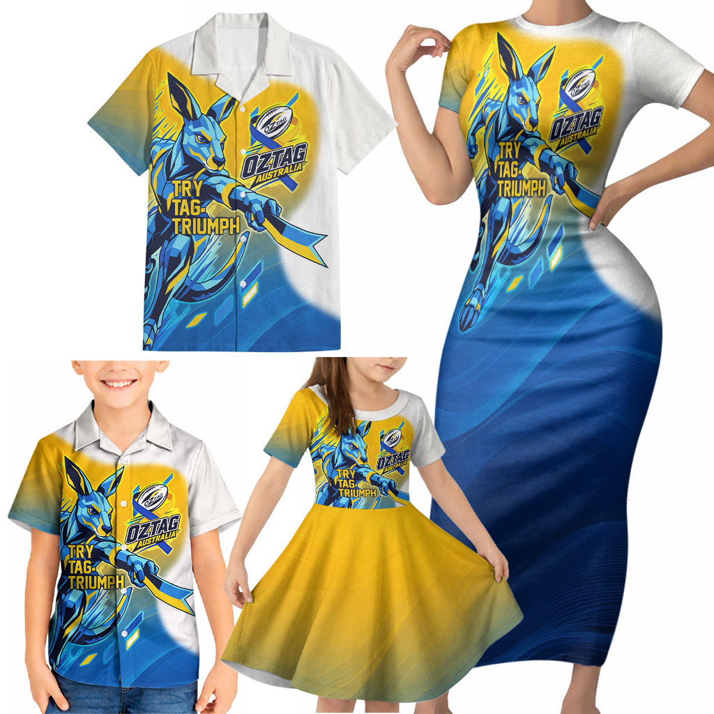 Personalised Australian Oztag Kangaroo Mascot Family Matching Short Sleeve Bodycon Dress and Hawaiian Shirt Try Tag Triumph Australia Abstract Geometric