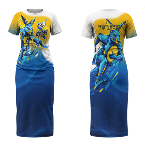 Personalised Australian Oztag Kangaroo Mascot Family Matching Short Sleeve Bodycon Dress and Hawaiian Shirt Try Tag Triumph Australia Abstract Geometric