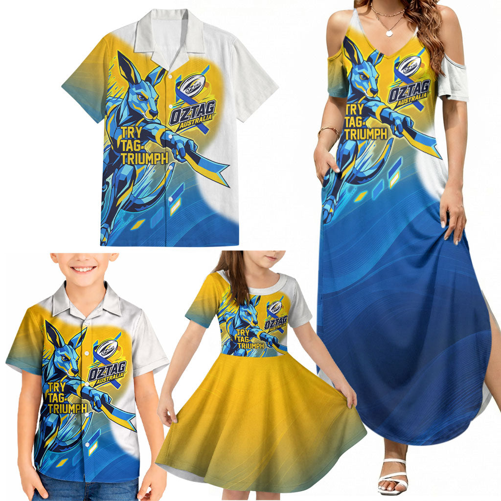 Personalised Australian Oztag Kangaroo Mascot Family Matching Summer Maxi Dress and Hawaiian Shirt Try Tag Triumph Australia Abstract Geometric
