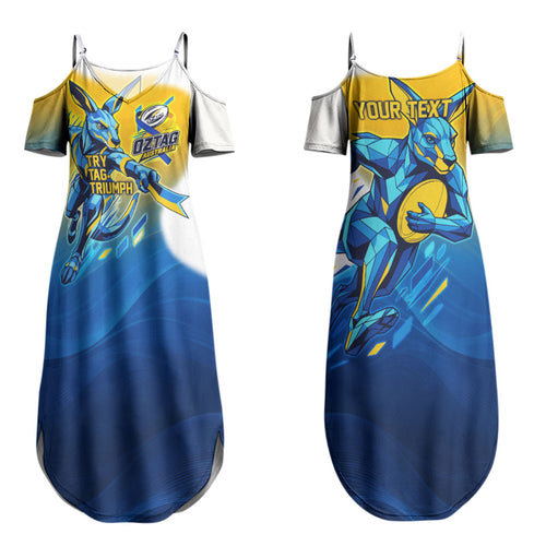 Personalised Australian Oztag Kangaroo Mascot Family Matching Summer Maxi Dress and Hawaiian Shirt Try Tag Triumph Australia Abstract Geometric