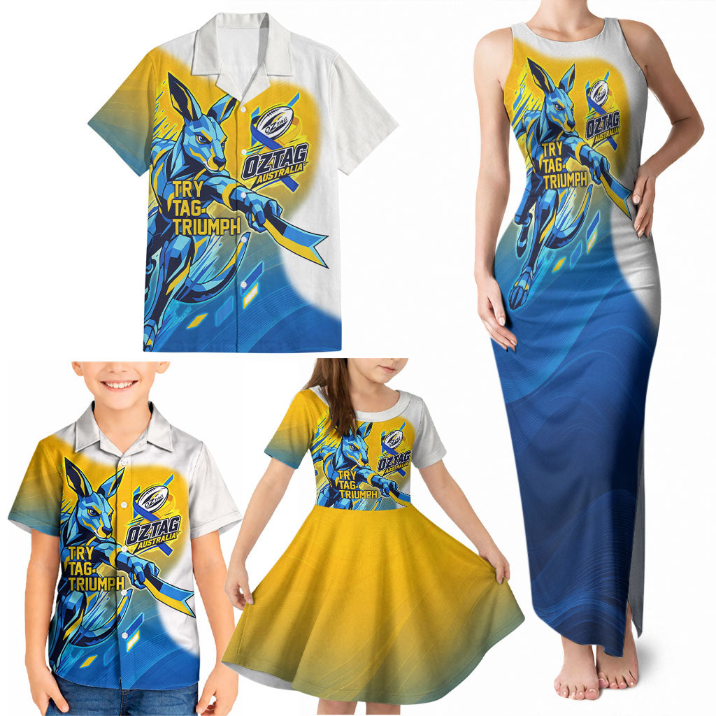 Personalised Australian Oztag Kangaroo Mascot Family Matching Tank Maxi Dress and Hawaiian Shirt Try Tag Triumph Australia Abstract Geometric
