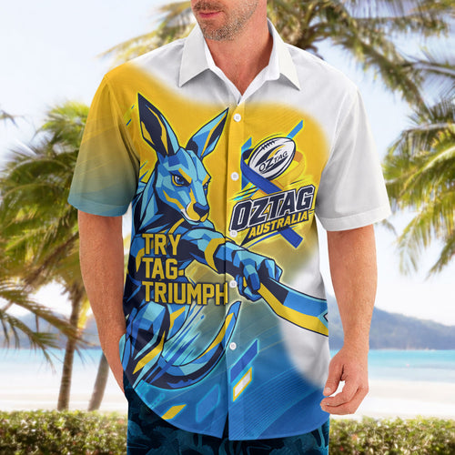 Personalised Australian Oztag Kangaroo Mascot Hawaiian Shirt Try Tag Triumph Australia Abstract Geometric