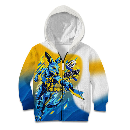 Personalised Australian Oztag Kangaroo Mascot Kid Hoodie Try Tag Triumph Australia Abstract Geometric