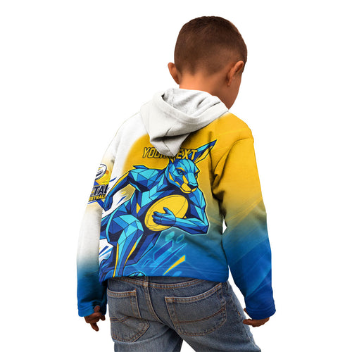 Personalised Australian Oztag Kangaroo Mascot Kid Hoodie Try Tag Triumph Australia Abstract Geometric