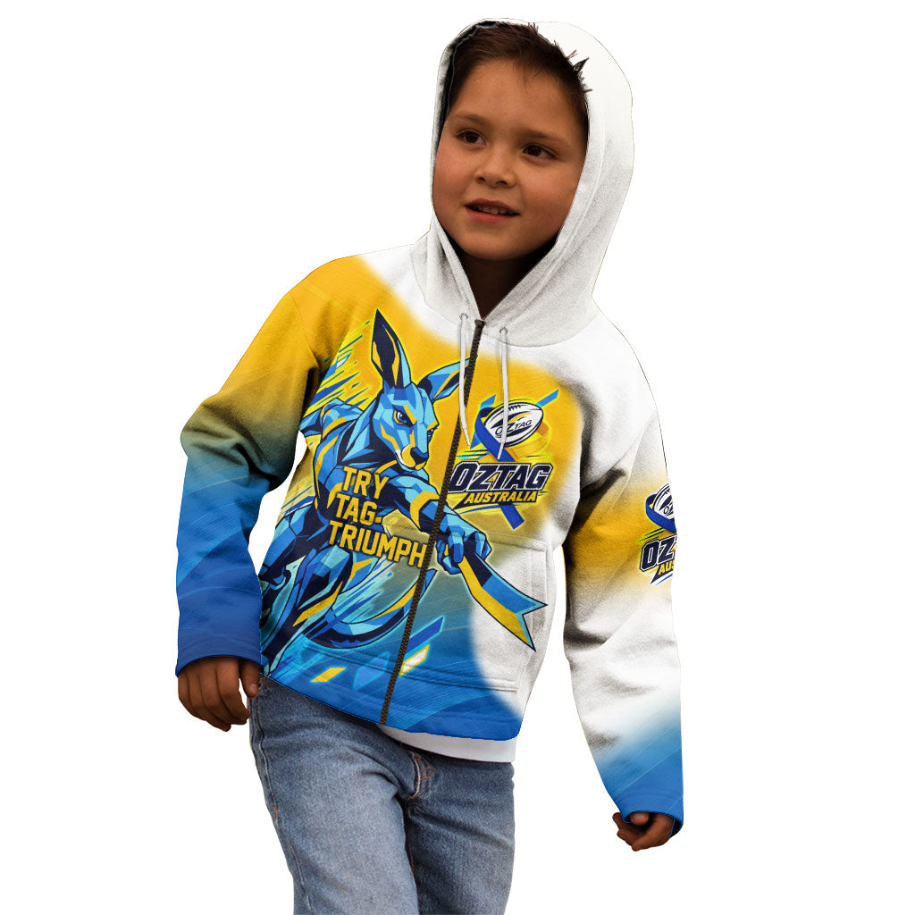 Personalised Australian Oztag Kangaroo Mascot Kid Hoodie Try Tag Triumph Australia Abstract Geometric