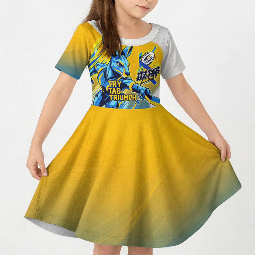 Personalised Australian Oztag Kangaroo Mascot Kid Short Sleeve Dress Try Tag Triumph Australia Abstract Geometric