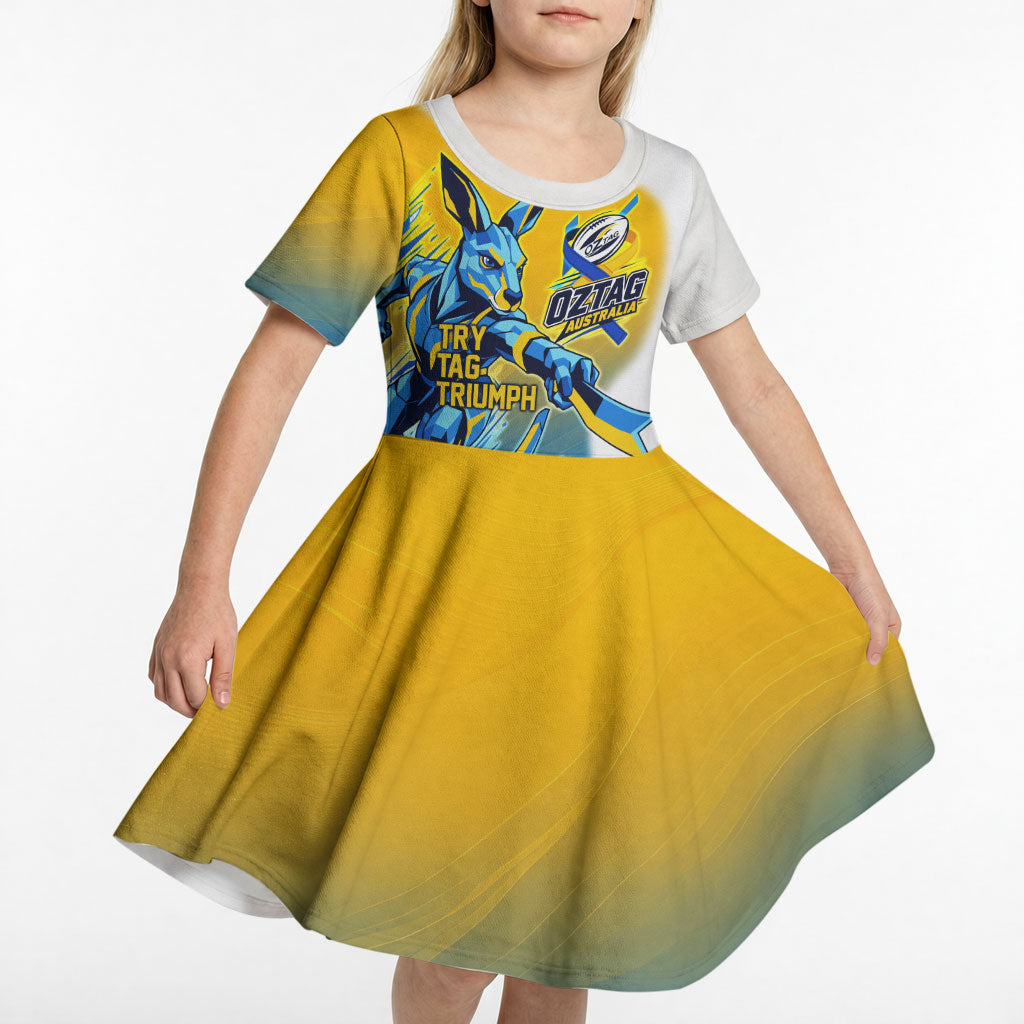 Personalised Australian Oztag Kangaroo Mascot Kid Short Sleeve Dress Try Tag Triumph Australia Abstract Geometric