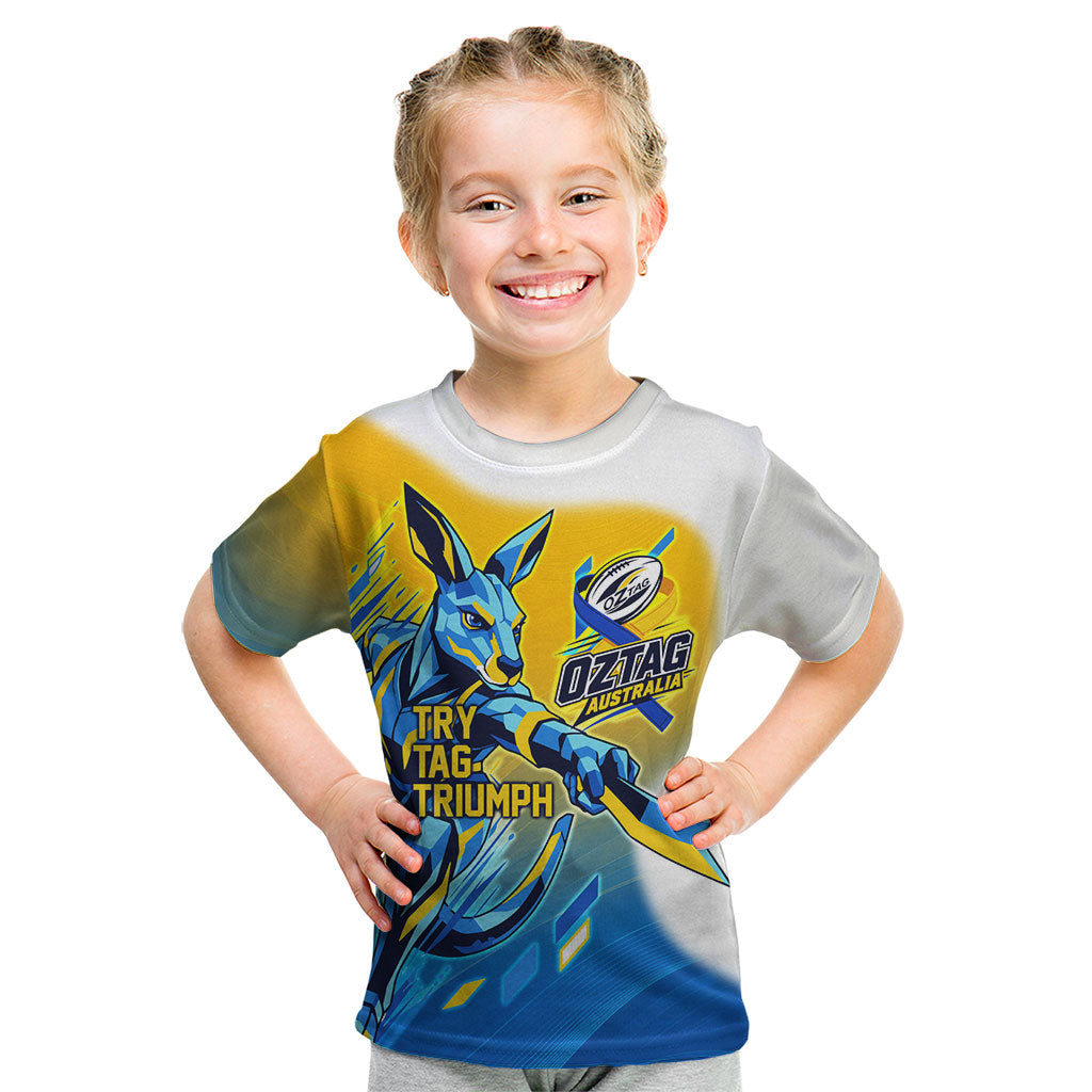 Personalised Australian Oztag Kangaroo Mascot Kid T Shirt Try Tag Triumph Australia Abstract Geometric