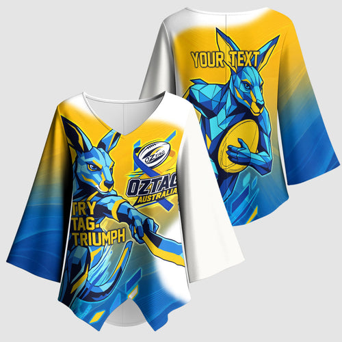 Personalised Australian Oztag Kangaroo Mascot Kimono Sleeve Blouse Try Tag Triumph Australia Abstract Geometric