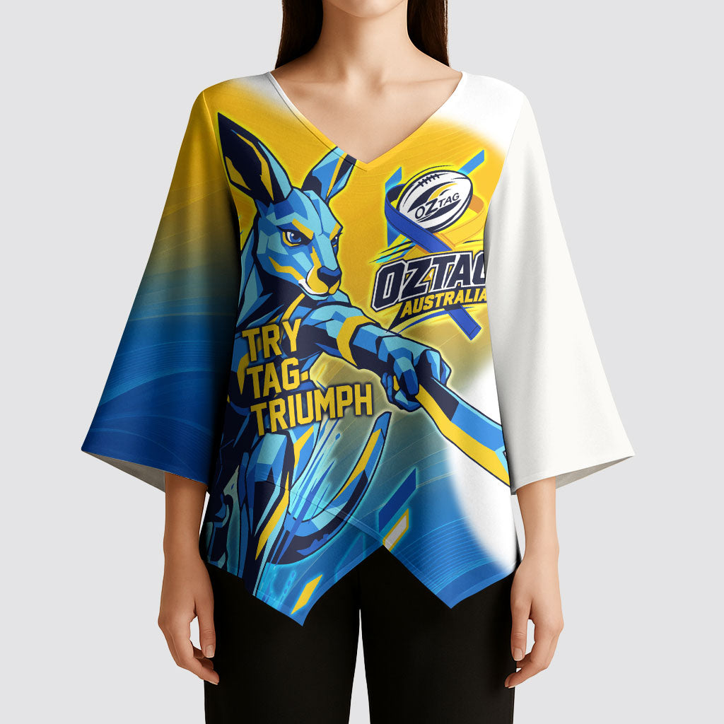 Personalised Australian Oztag Kangaroo Mascot Kimono Sleeve Blouse Try Tag Triumph Australia Abstract Geometric