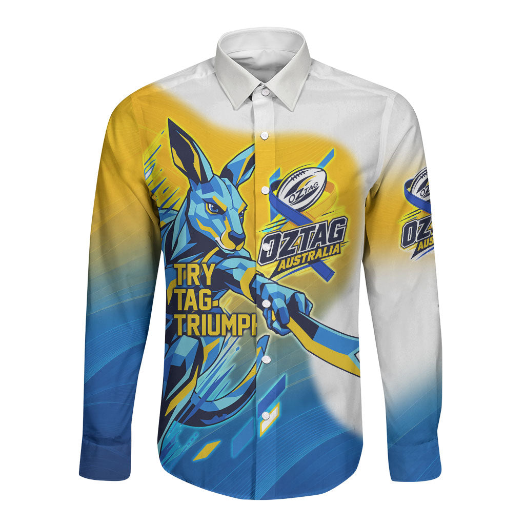 Personalised Australian Oztag Kangaroo Mascot Long Sleeve Button Shirt Try Tag Triumph Australia Abstract Geometric
