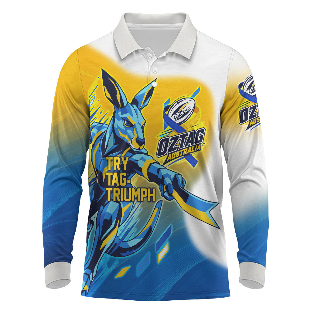 Personalised Australian Oztag Kangaroo Mascot Long Sleeve Polo Shirt Try Tag Triumph Australia Abstract Geometric