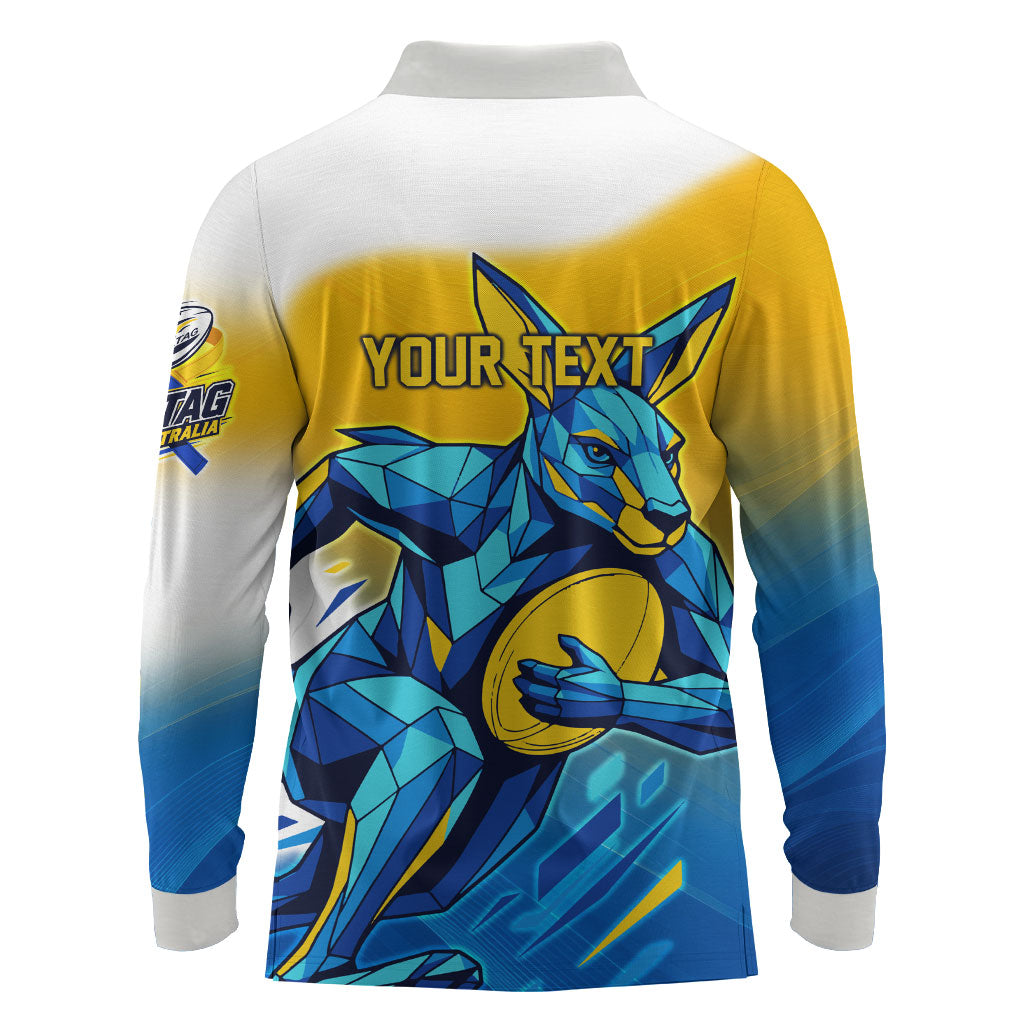 Personalised Australian Oztag Kangaroo Mascot Long Sleeve Polo Shirt Try Tag Triumph Australia Abstract Geometric