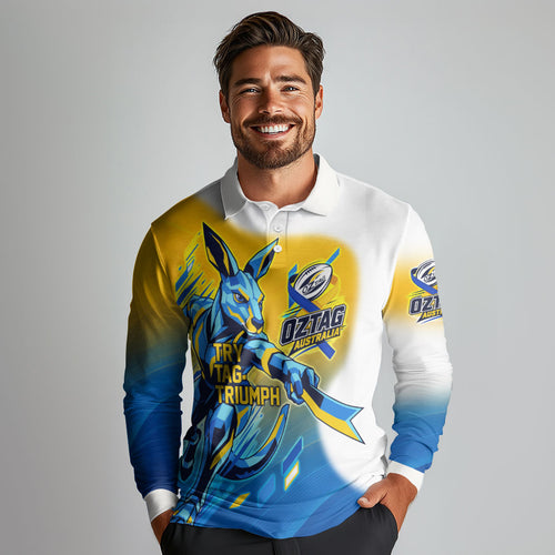 Personalised Australian Oztag Kangaroo Mascot Long Sleeve Polo Shirt Try Tag Triumph Australia Abstract Geometric