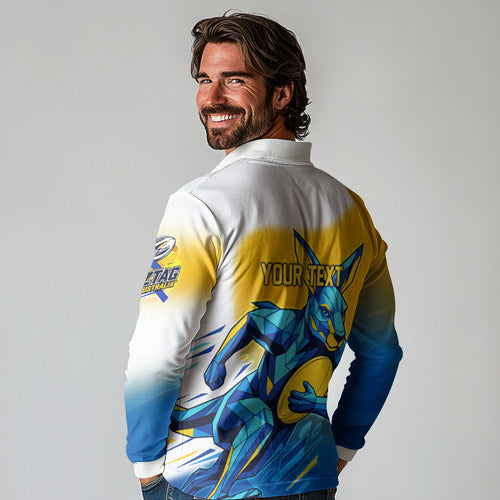 Personalised Australian Oztag Kangaroo Mascot Long Sleeve Polo Shirt Try Tag Triumph Australia Abstract Geometric