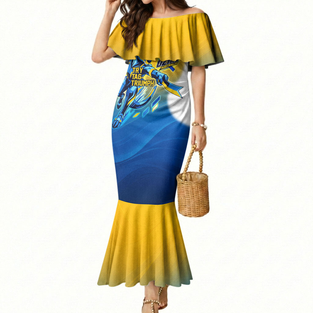 Personalised Australian Oztag Kangaroo Mascot Mermaid Dress Try Tag Triumph Australia Abstract Geometric
