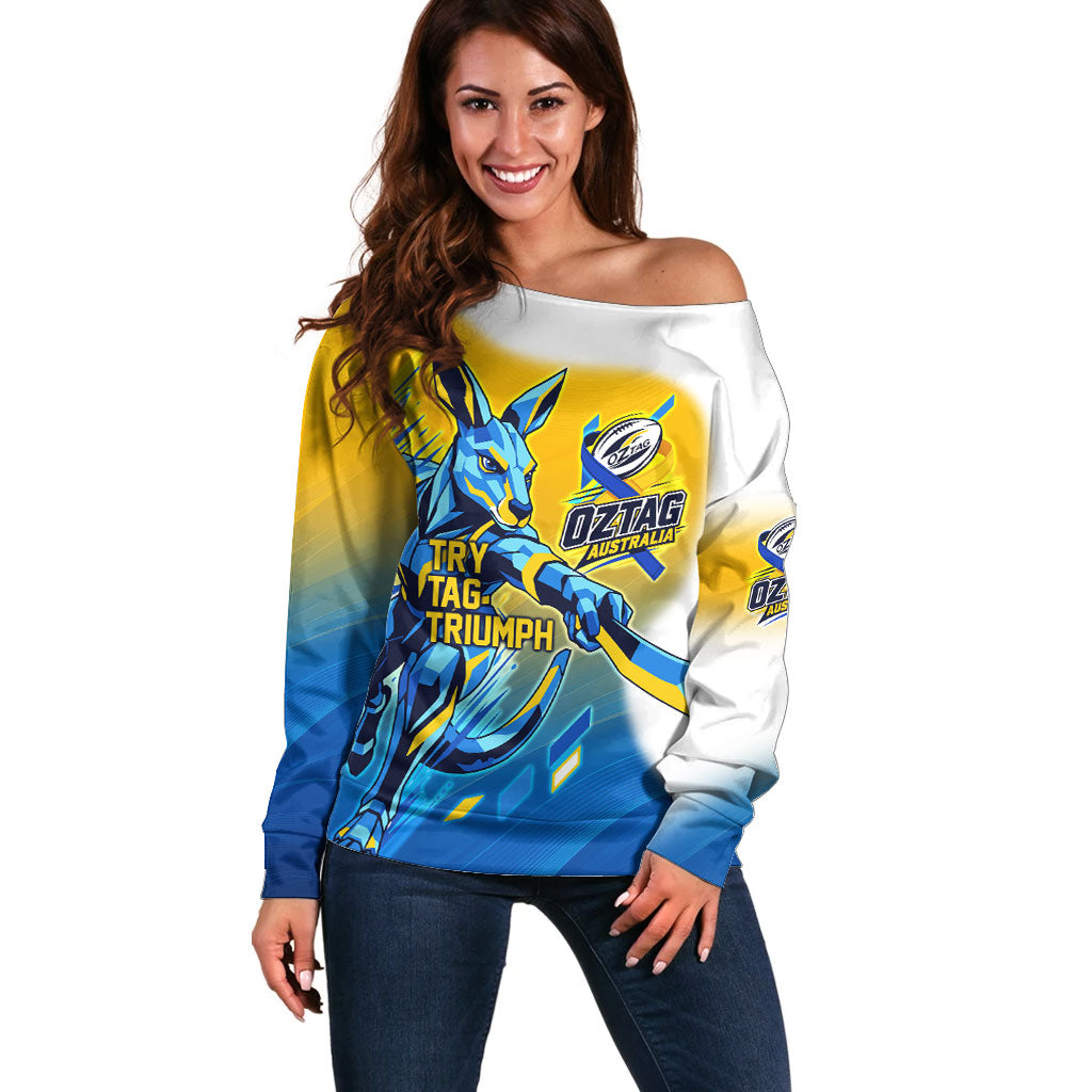 Personalised Australian Oztag Kangaroo Mascot Off Shoulder Sweater Try Tag Triumph Australia Abstract Geometric