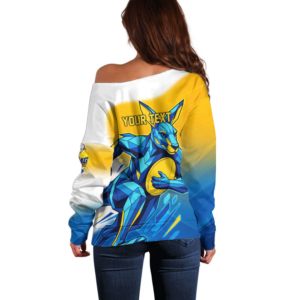 Personalised Australian Oztag Kangaroo Mascot Off Shoulder Sweater Try Tag Triumph Australia Abstract Geometric