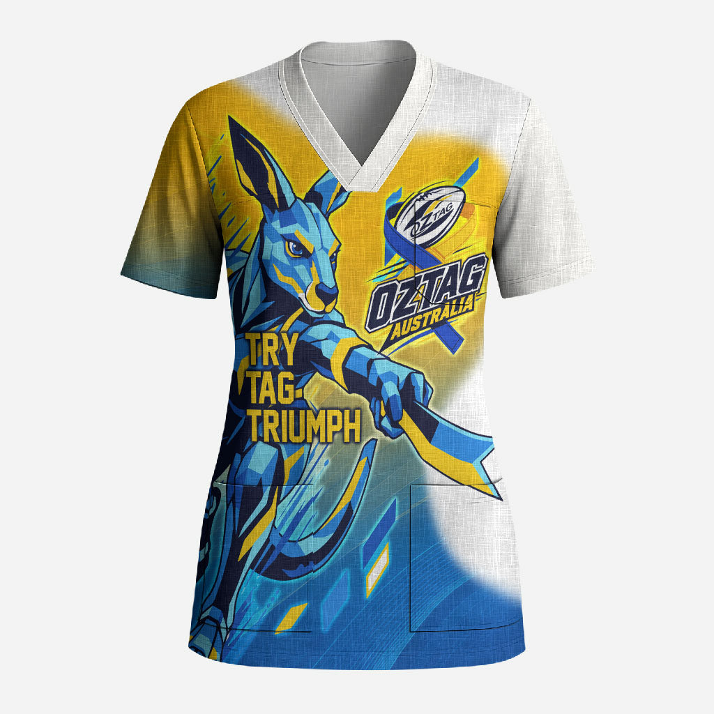 Personalised Australian Oztag Kangaroo Mascot Scrub Top Try Tag Triumph Australia Abstract Geometric