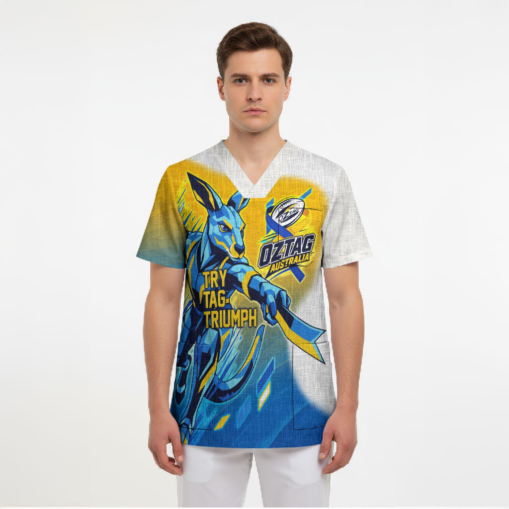 Personalised Australian Oztag Kangaroo Mascot Scrub Top Try Tag Triumph Australia Abstract Geometric