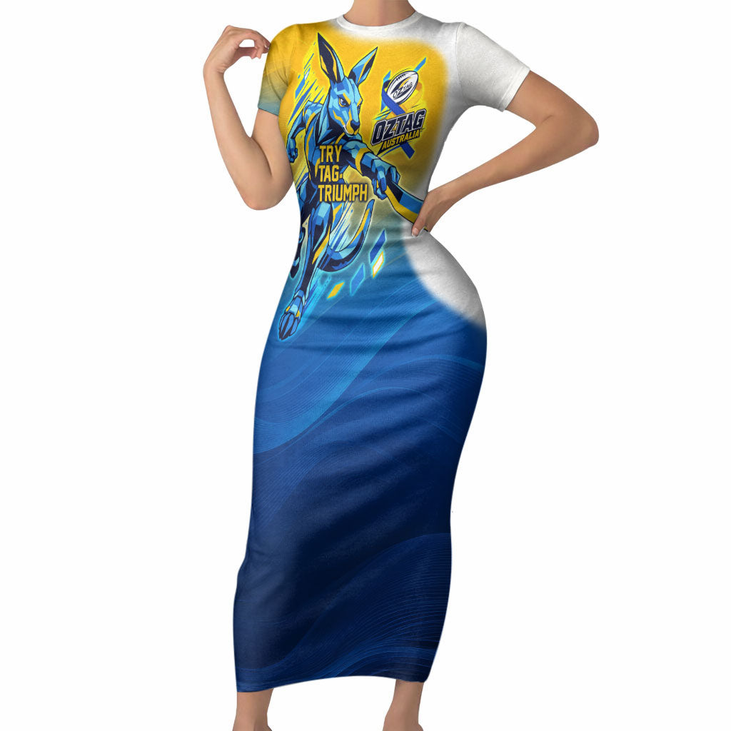 Personalised Australian Oztag Kangaroo Mascot Short Sleeve Bodycon Dress Try Tag Triumph Australia Abstract Geometric