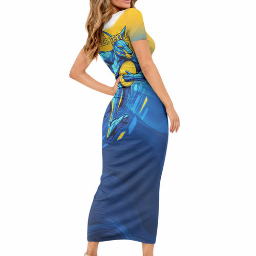 Personalised Australian Oztag Kangaroo Mascot Short Sleeve Bodycon Dress Try Tag Triumph Australia Abstract Geometric