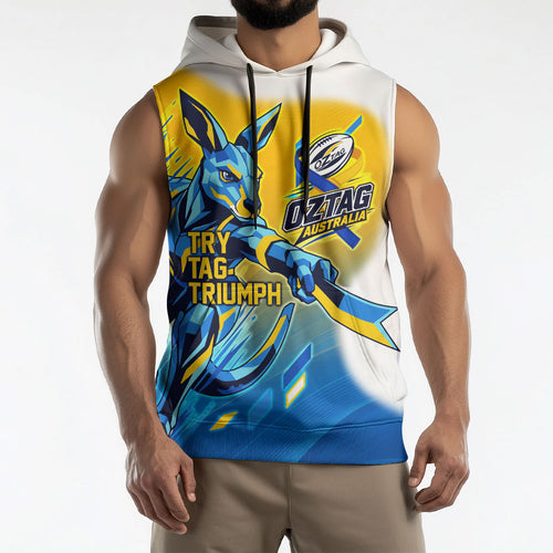 Personalised Australian Oztag Kangaroo Mascot Sleeveless Hoodie Try Tag Triumph Australia Abstract Geometric