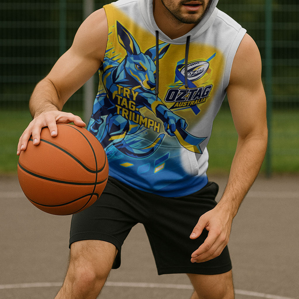 Personalised Australian Oztag Kangaroo Mascot Sleeveless Hoodie Try Tag Triumph Australia Abstract Geometric