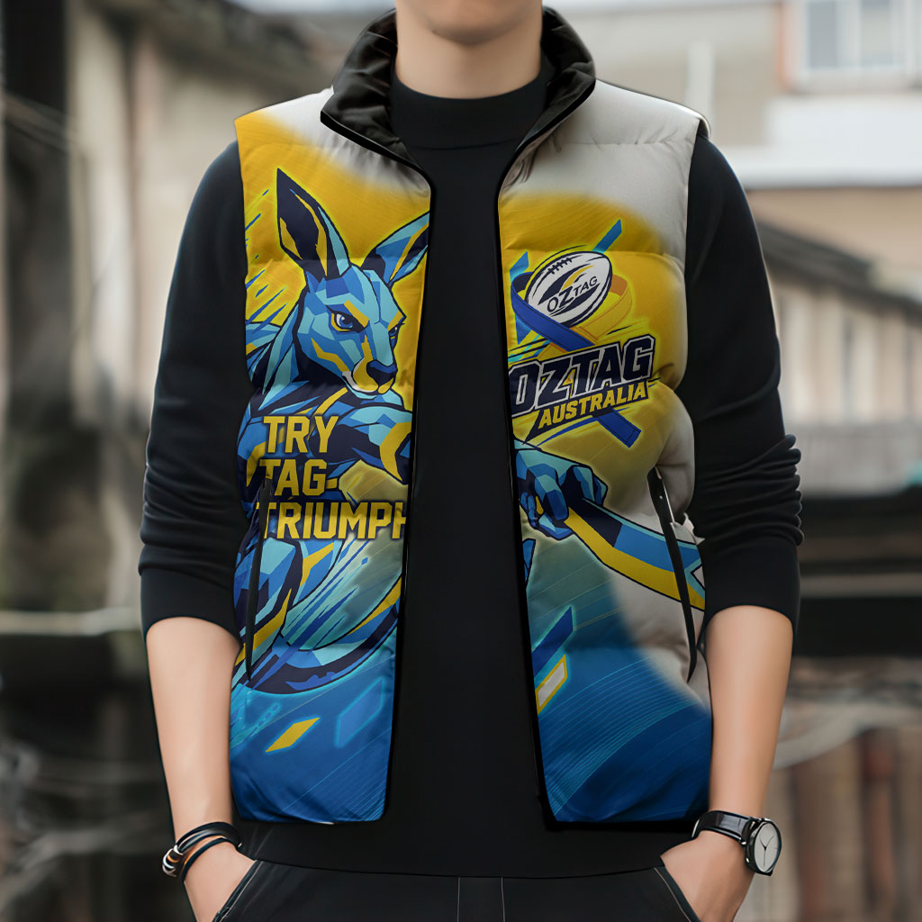 Personalised Australian Oztag Kangaroo Mascot Sleeveless Puffer Jacket Try Tag Triumph Australia Abstract Geometric