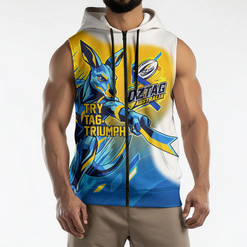 Personalised Australian Oztag Kangaroo Mascot Sleeveless Zip Hoodie Try Tag Triumph Australia Abstract Geometric