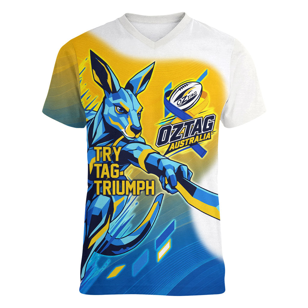 Personalised Australian Oztag Kangaroo Mascot Women V-Neck T-Shirt Try Tag Triumph Australia Abstract Geometric