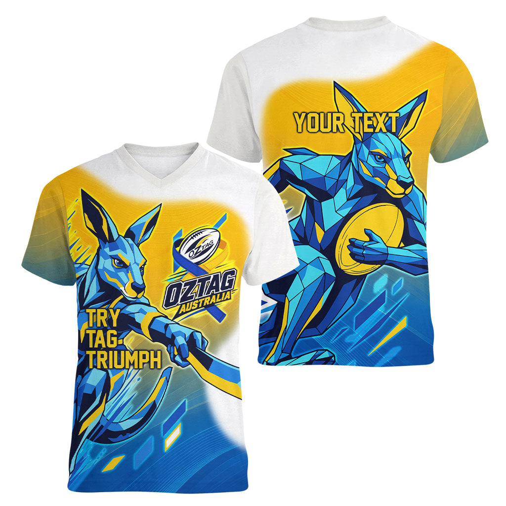 Personalised Australian Oztag Kangaroo Mascot Women V-Neck T-Shirt Try Tag Triumph Australia Abstract Geometric