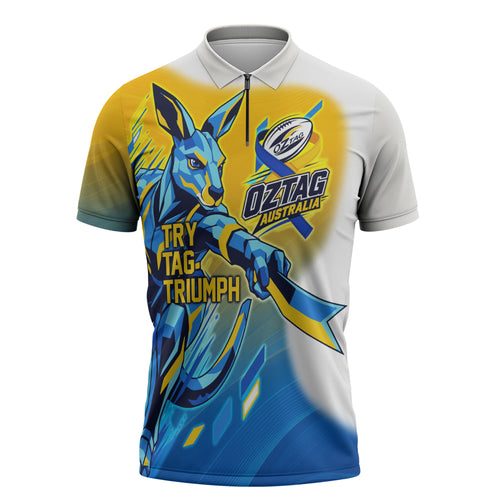 Personalised Australian Oztag Kangaroo Mascot Zipper Polo Shirt Try Tag Triumph Australia Abstract Geometric