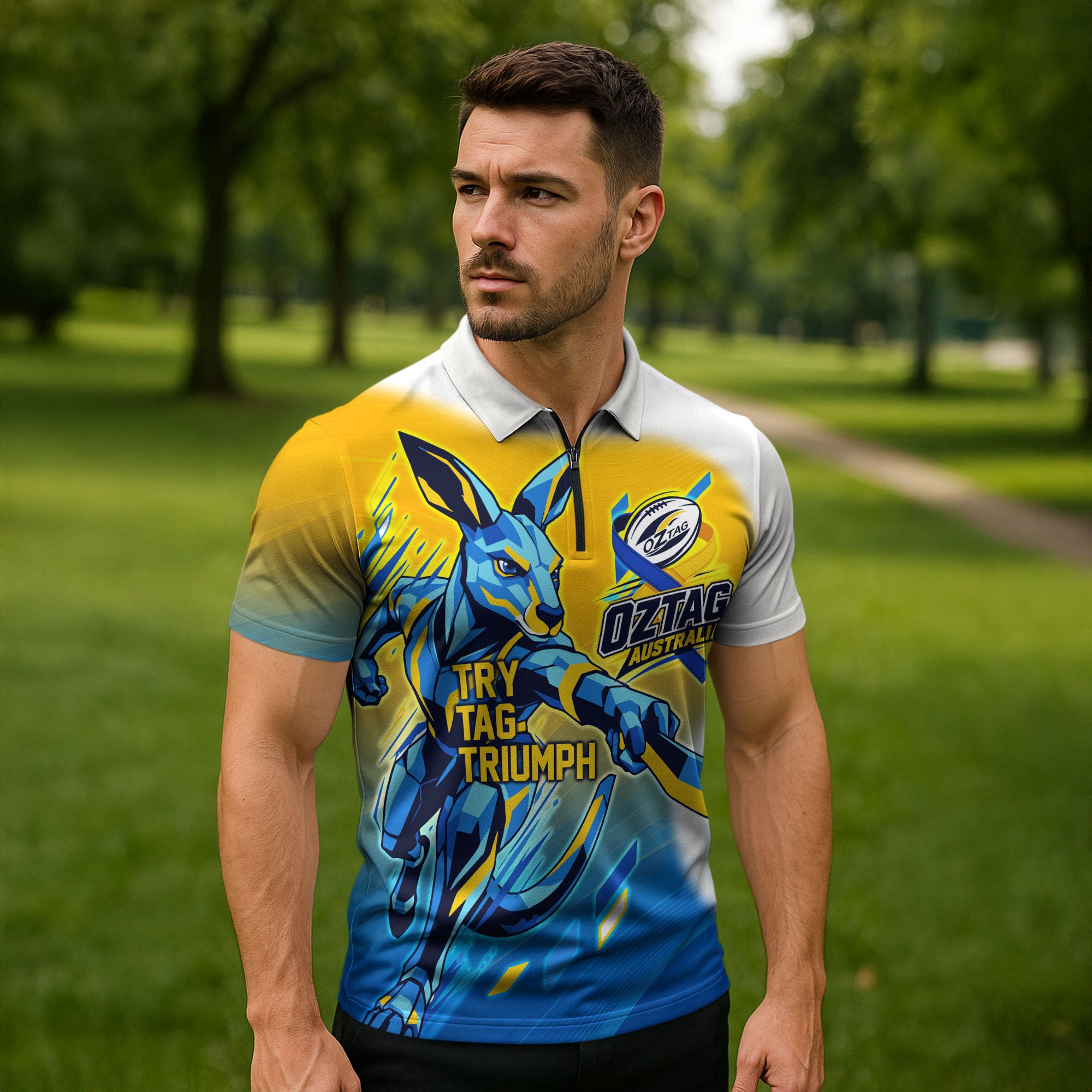 Personalised Australian Oztag Kangaroo Mascot Zipper Polo Shirt Try Tag Triumph Australia Abstract Geometric