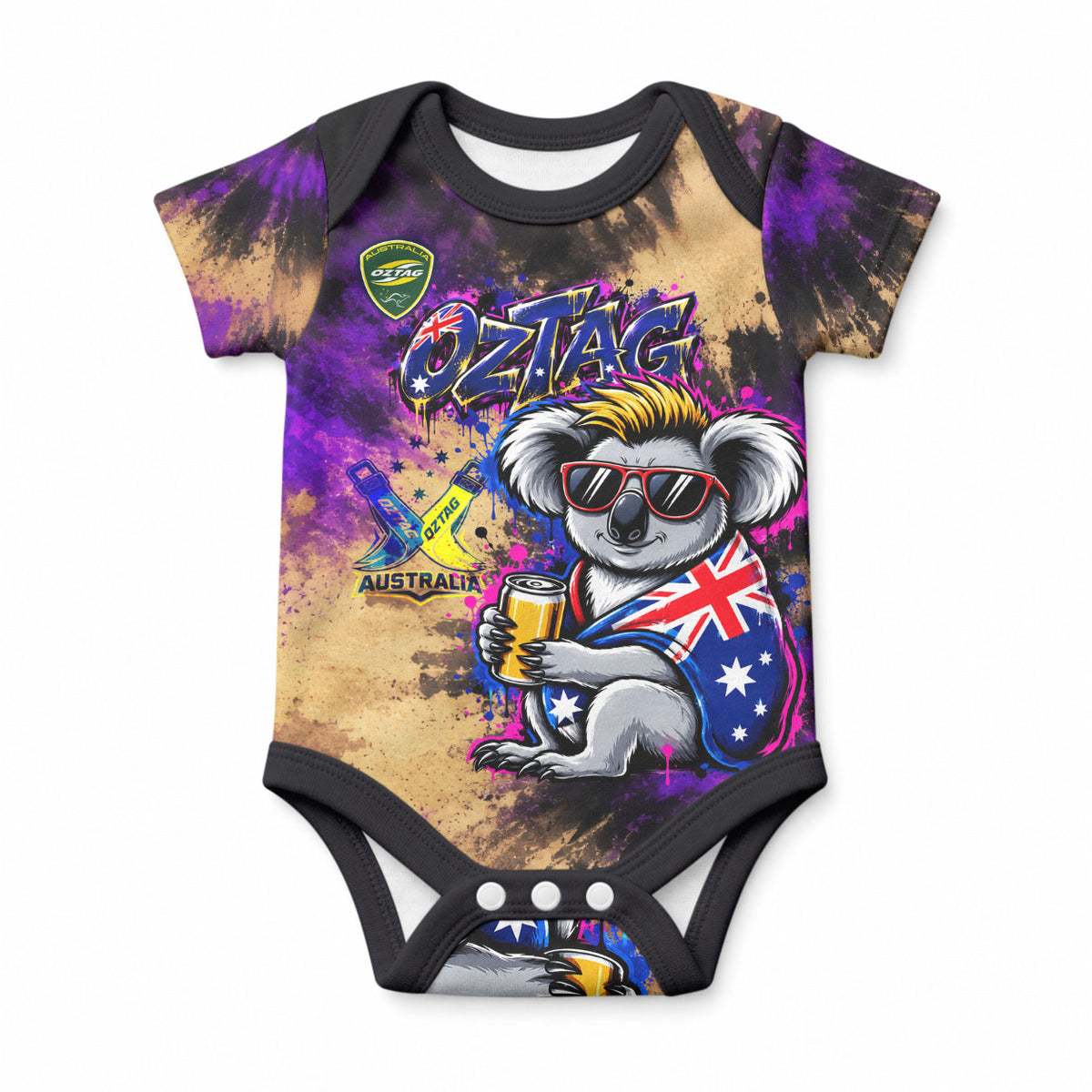 Personalised Australian Oztag Koala Mascot Baby Onesie Cool Koala Sunglasses Tie Dye Paint Splatter
