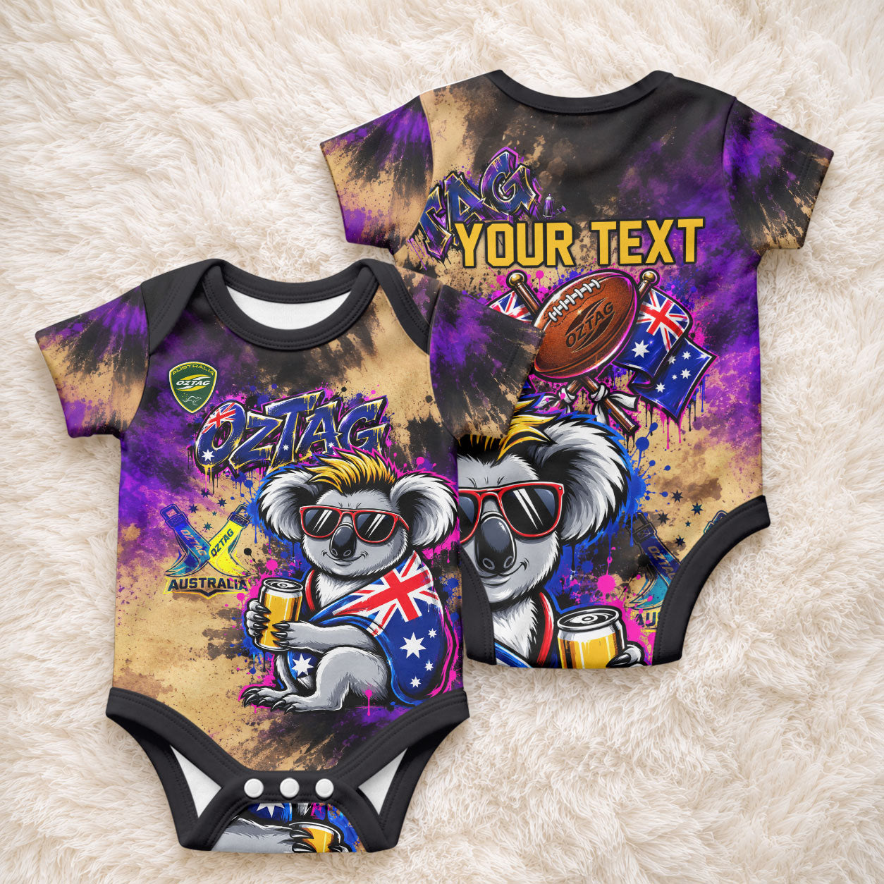 Personalised Australian Oztag Koala Mascot Baby Onesie Cool Koala Sunglasses Tie Dye Paint Splatter