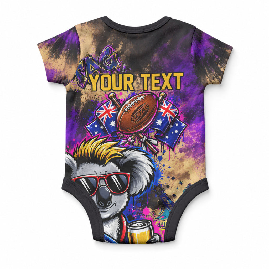 Personalised Australian Oztag Koala Mascot Baby Onesie Cool Koala Sunglasses Tie Dye Paint Splatter