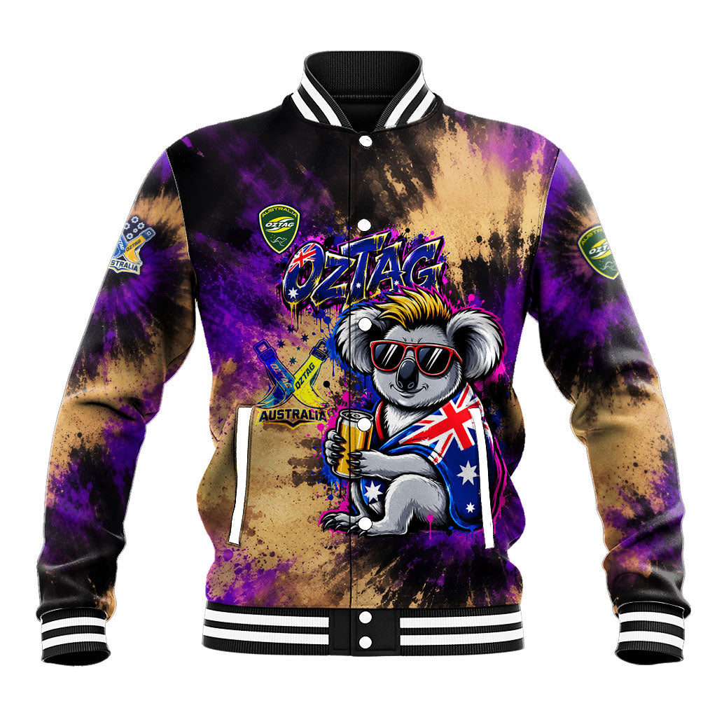 Personalised Australian Oztag Koala Mascot Baseball Jacket Cool Koala Sunglasses Tie Dye Paint Splatter