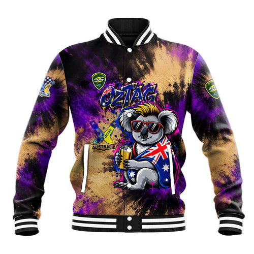 Personalised Australian Oztag Koala Mascot Baseball Jacket Cool Koala Sunglasses Tie Dye Paint Splatter