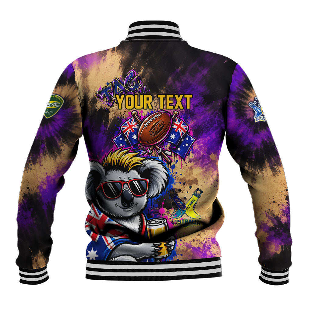 Personalised Australian Oztag Koala Mascot Baseball Jacket Cool Koala Sunglasses Tie Dye Paint Splatter