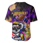 Personalised Australian Oztag Koala Mascot Baseball Jersey Cool Koala Sunglasses Tie Dye Paint Splatter