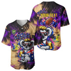 Personalised Australian Oztag Koala Mascot Baseball Jersey Cool Koala Sunglasses Tie Dye Paint Splatter