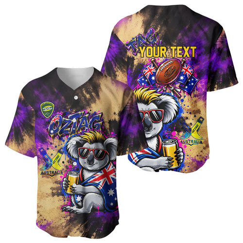 Personalised Australian Oztag Koala Mascot Baseball Jersey Cool Koala Sunglasses Tie Dye Paint Splatter